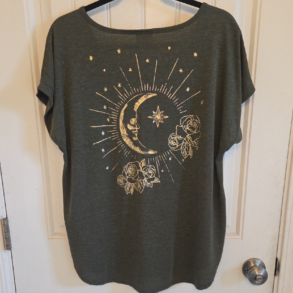 Moon & Roses Gold Foil Graphic Olive Green Tee - Picture 5 of 8